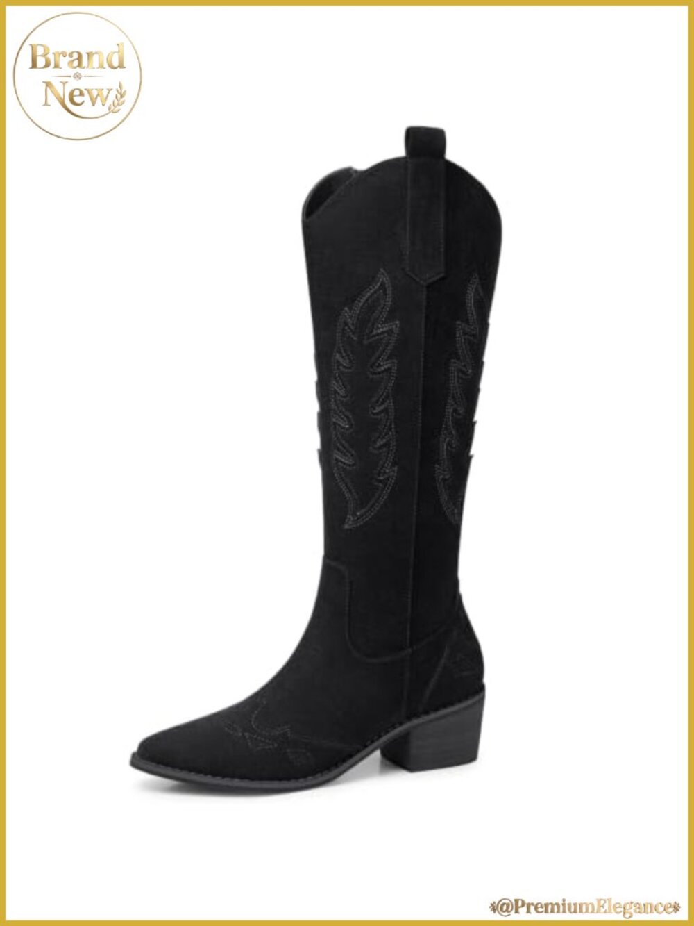 Suede Knee High Western Cowboy Boots Pointed Toe Low Heel Zip